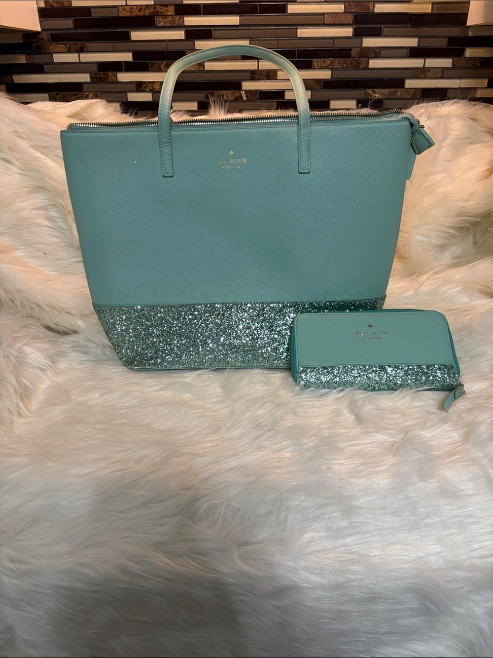 Kate Spade Mint Chunky Glitter Tote with Matching Wallet